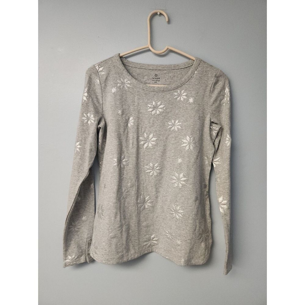 T by‎ Talbots Gray Long Sleeve Top Shirt Shiny Snowflakes All over Sz XS